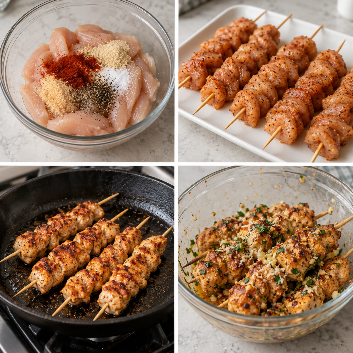 Four chronological preparation stages for Garlic Parmesan Chicken Skewers