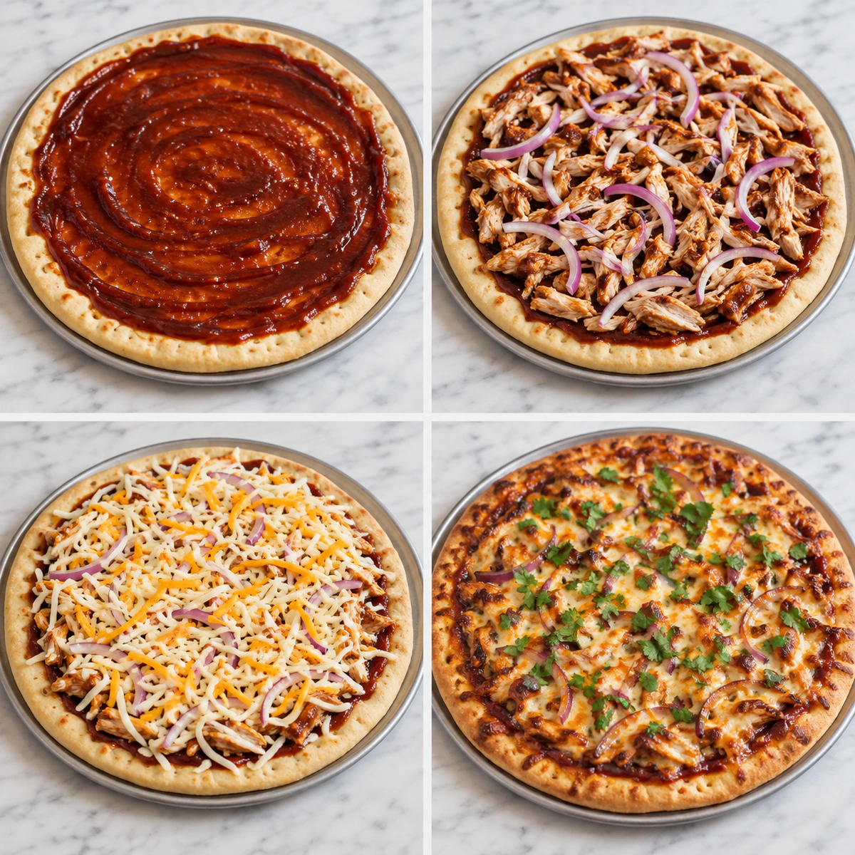 Four chronological preparation stages for BBQ Chicken Pizza