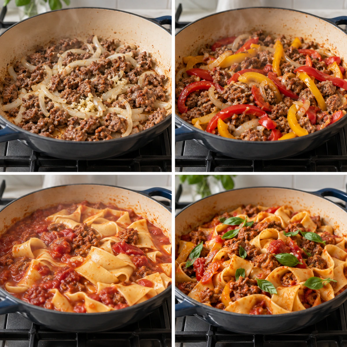 Four chronological preparation stages for Italian Drunken Noodles