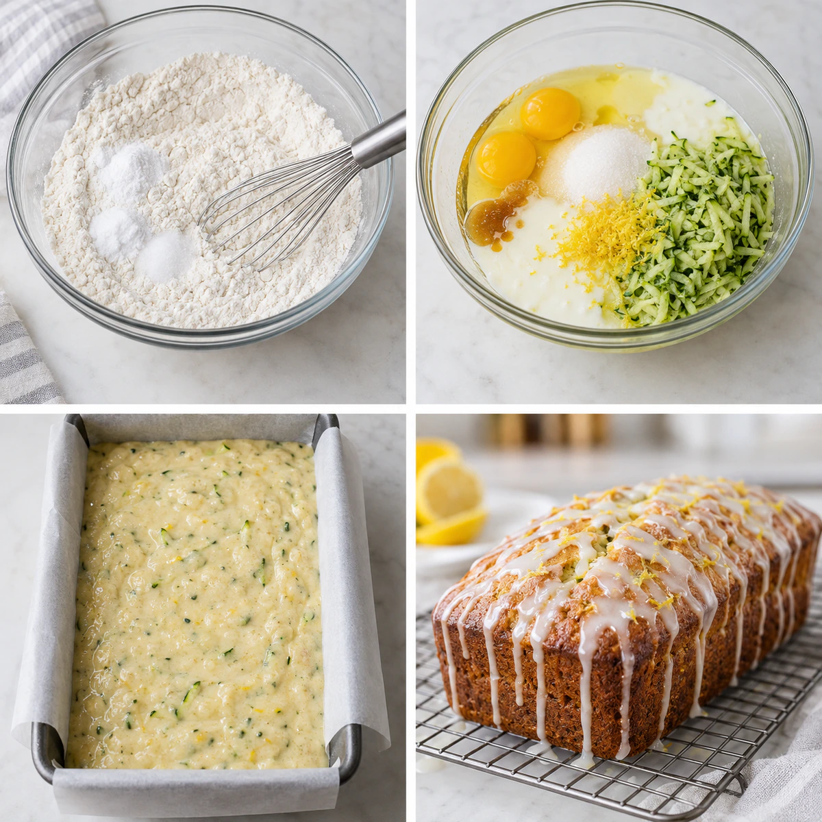Four chronological preparation stages for Sweet Lemon Zucchini Bread