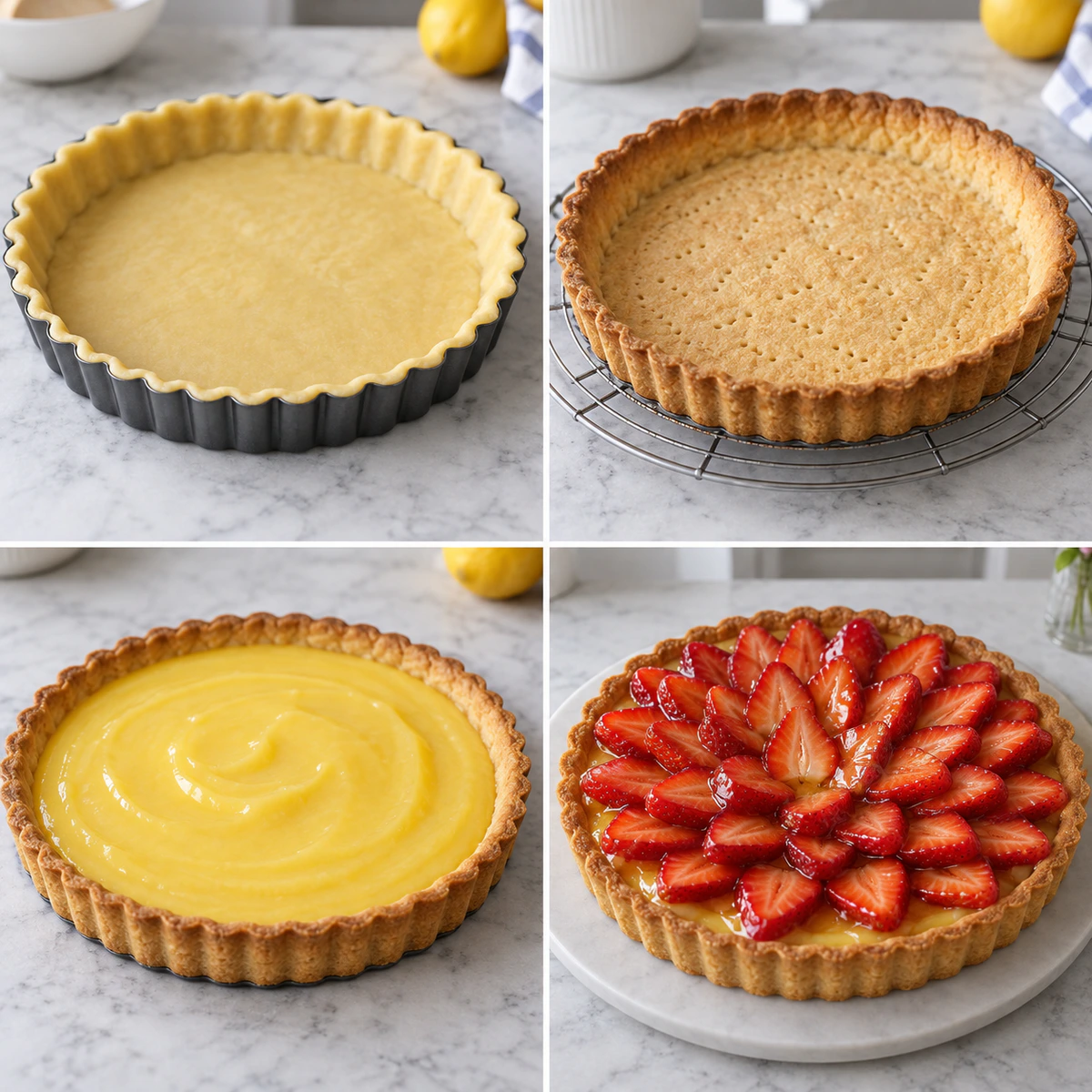 Four chronological preparation stages for Strawberry Lemon Tart