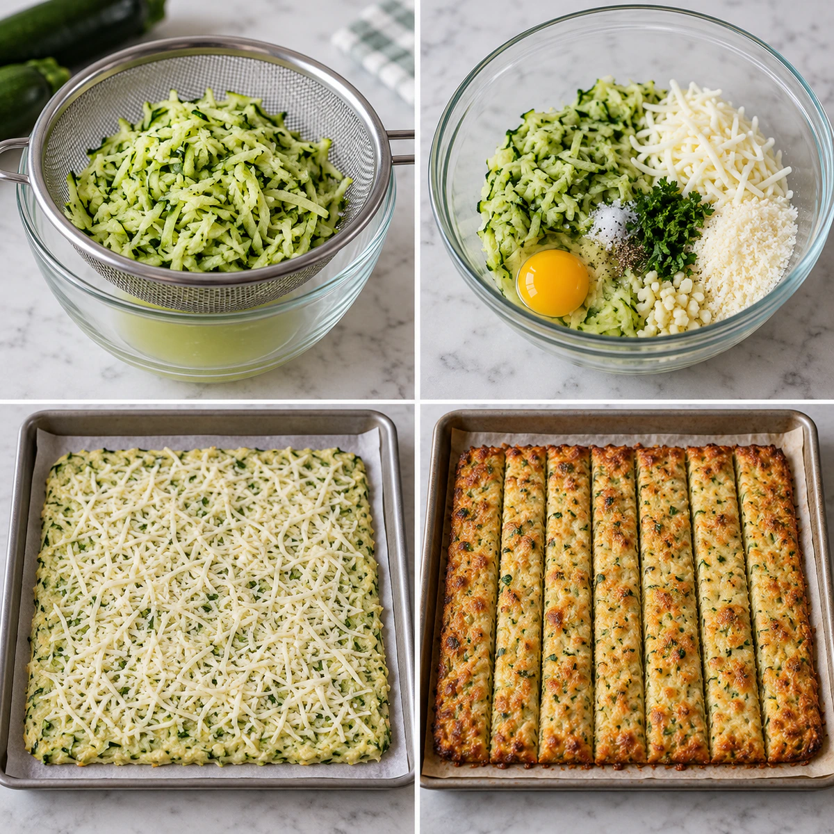 Four chronological preparation stages for Cheesy Zucchini Breadsticks