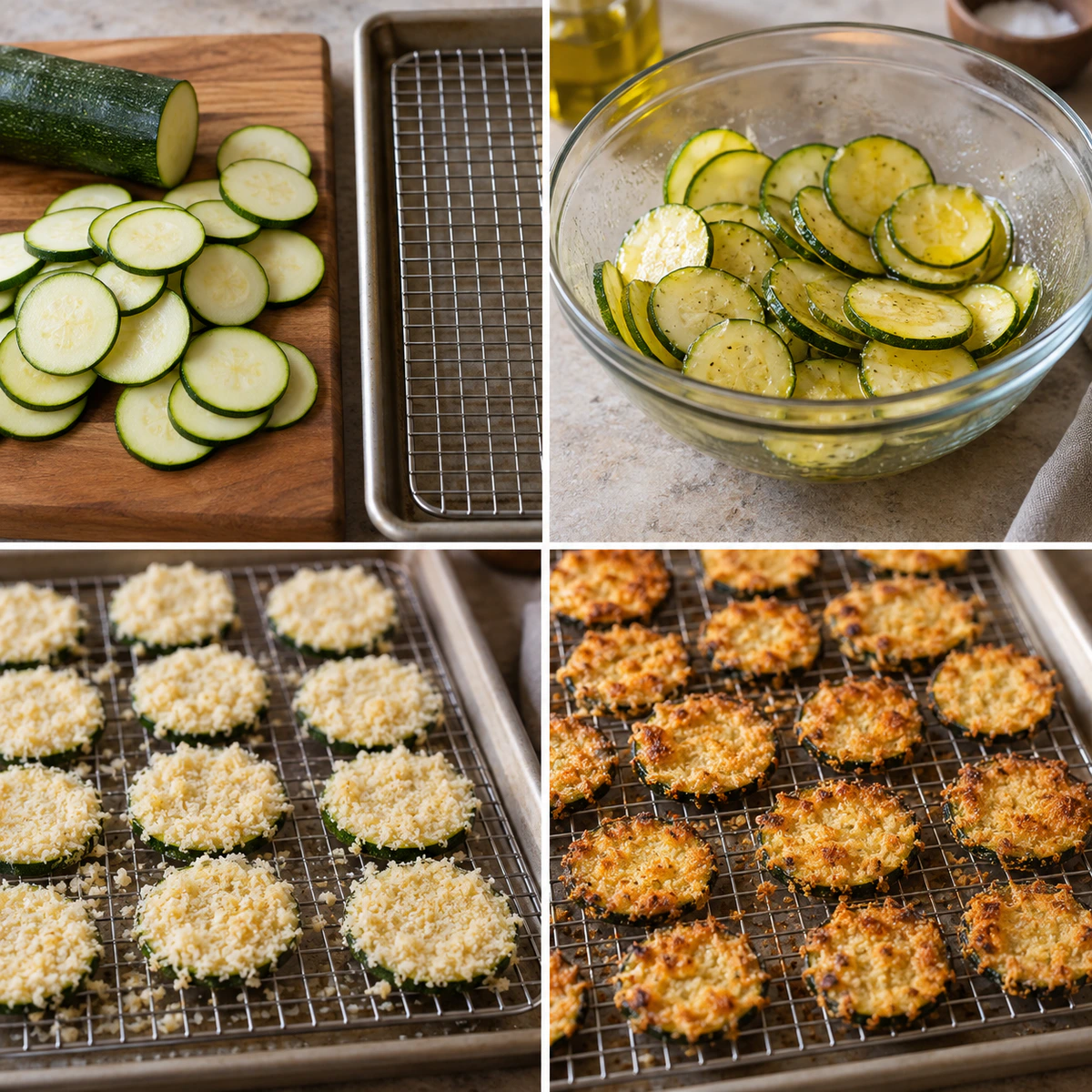 Four chronological preparation stages for Baked Zucchini Chips