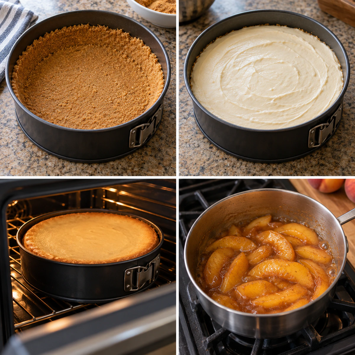 Four chronological preparation stages for Peach Cobbler Cheesecake