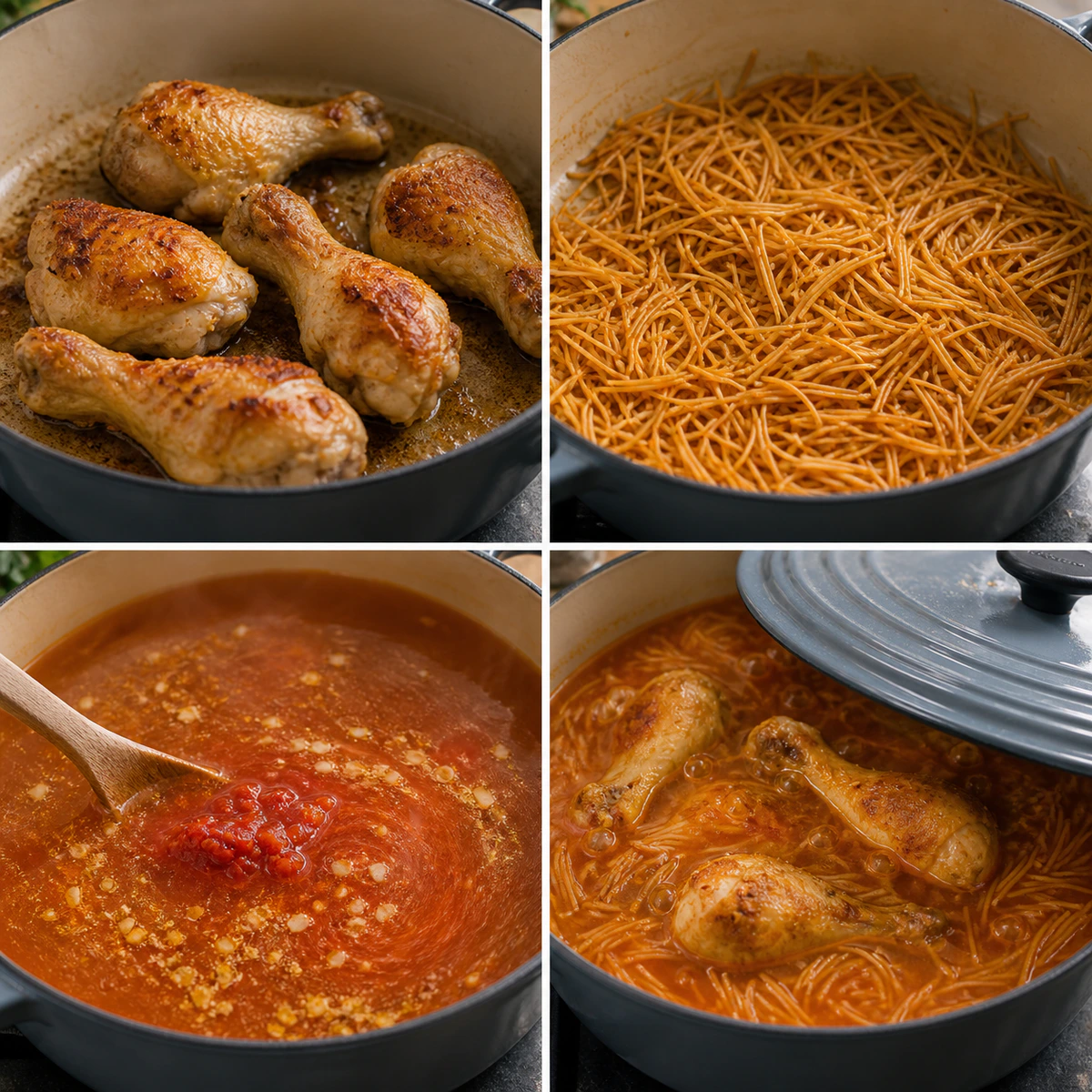 Four chronological preparation stages for Sopa de Fideo with Chicken