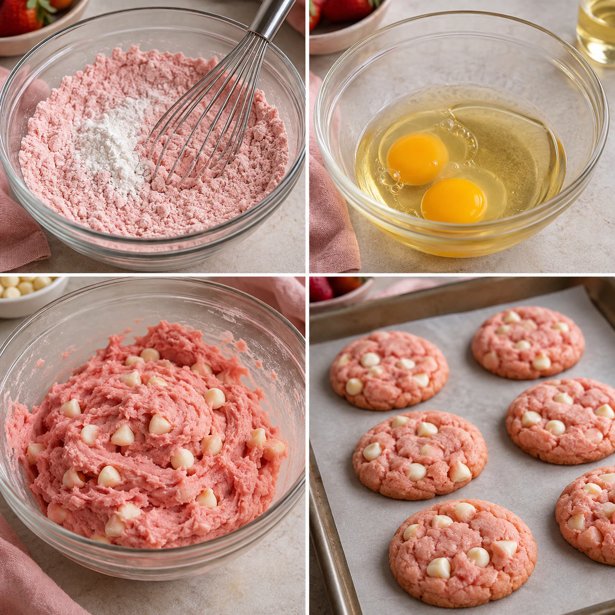 Four chronological preparation stages for Valentine Strawberry Cookies