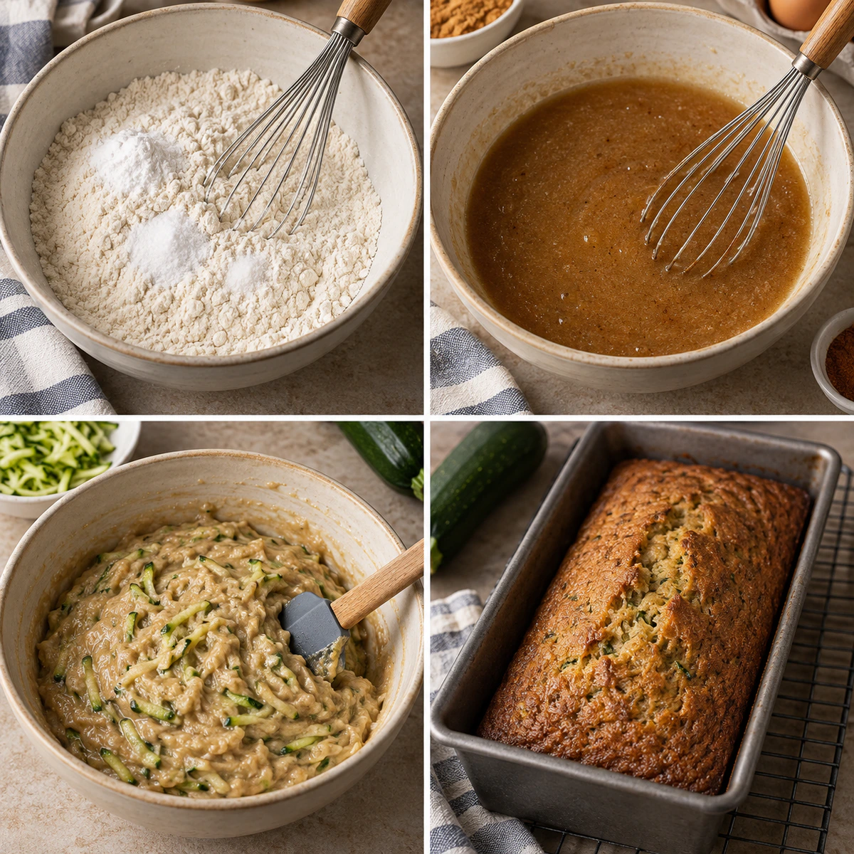Four chronological preparation stages for Zucchini Bread