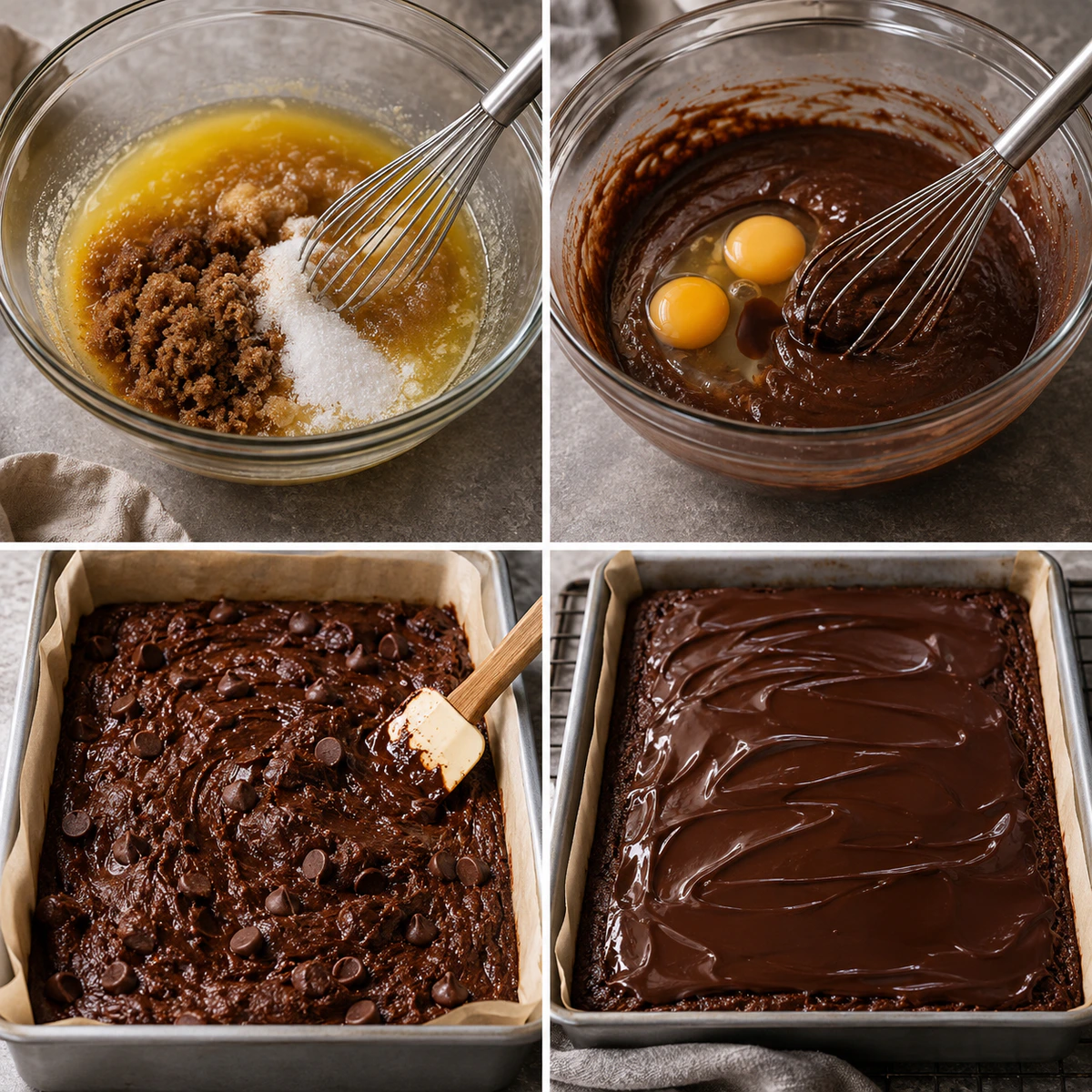 Four chronological preparation stages for Chocolate Fudge Brownies