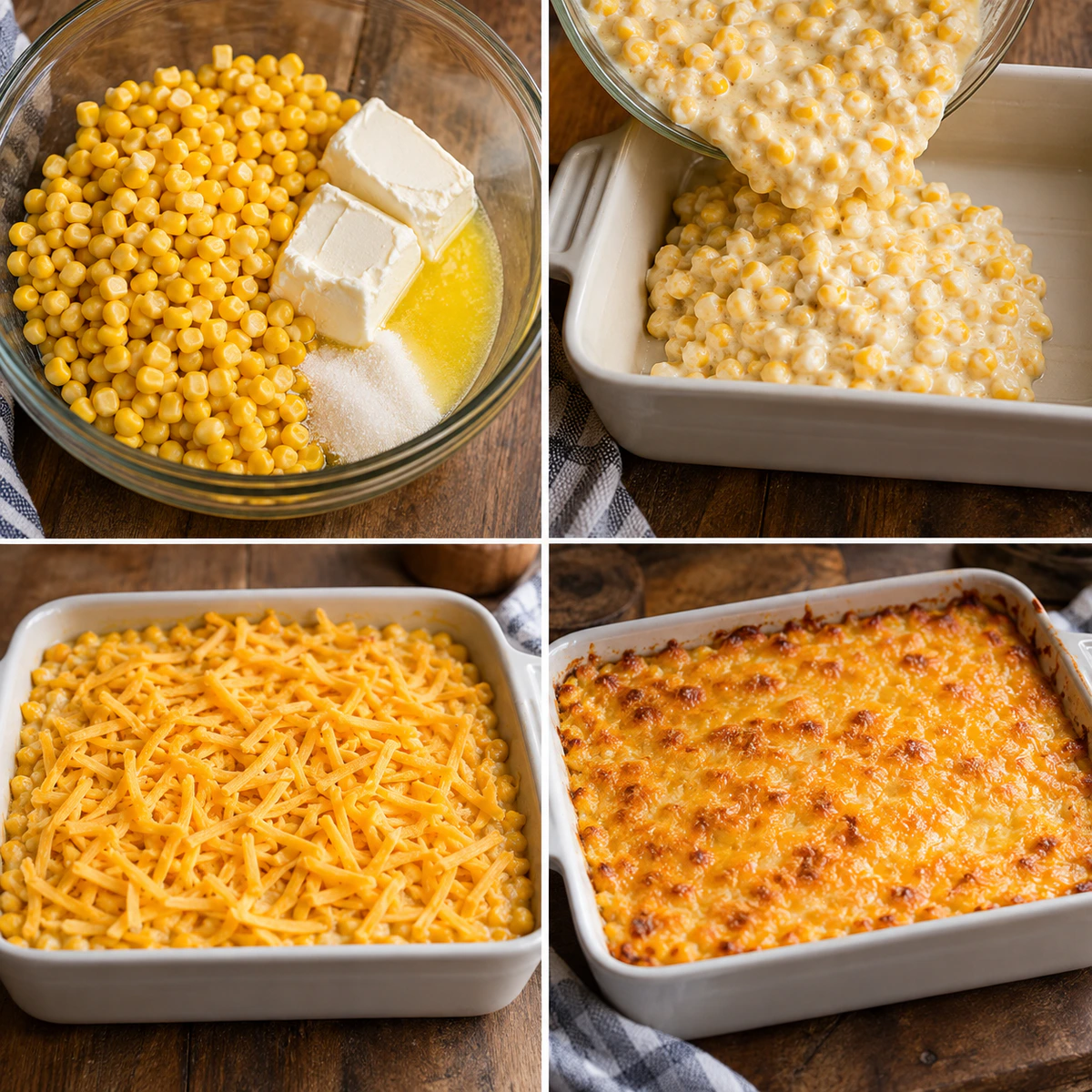 Four chronological preparation stages for Cream Cheese Corn Bake