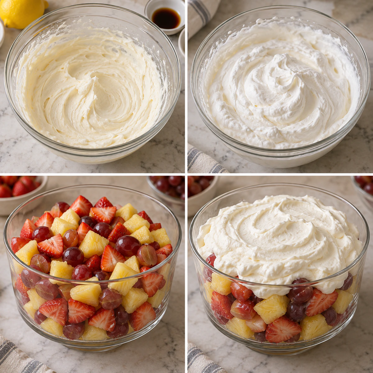 Four chronological preparation stages for Cheesecake Fruit Salad