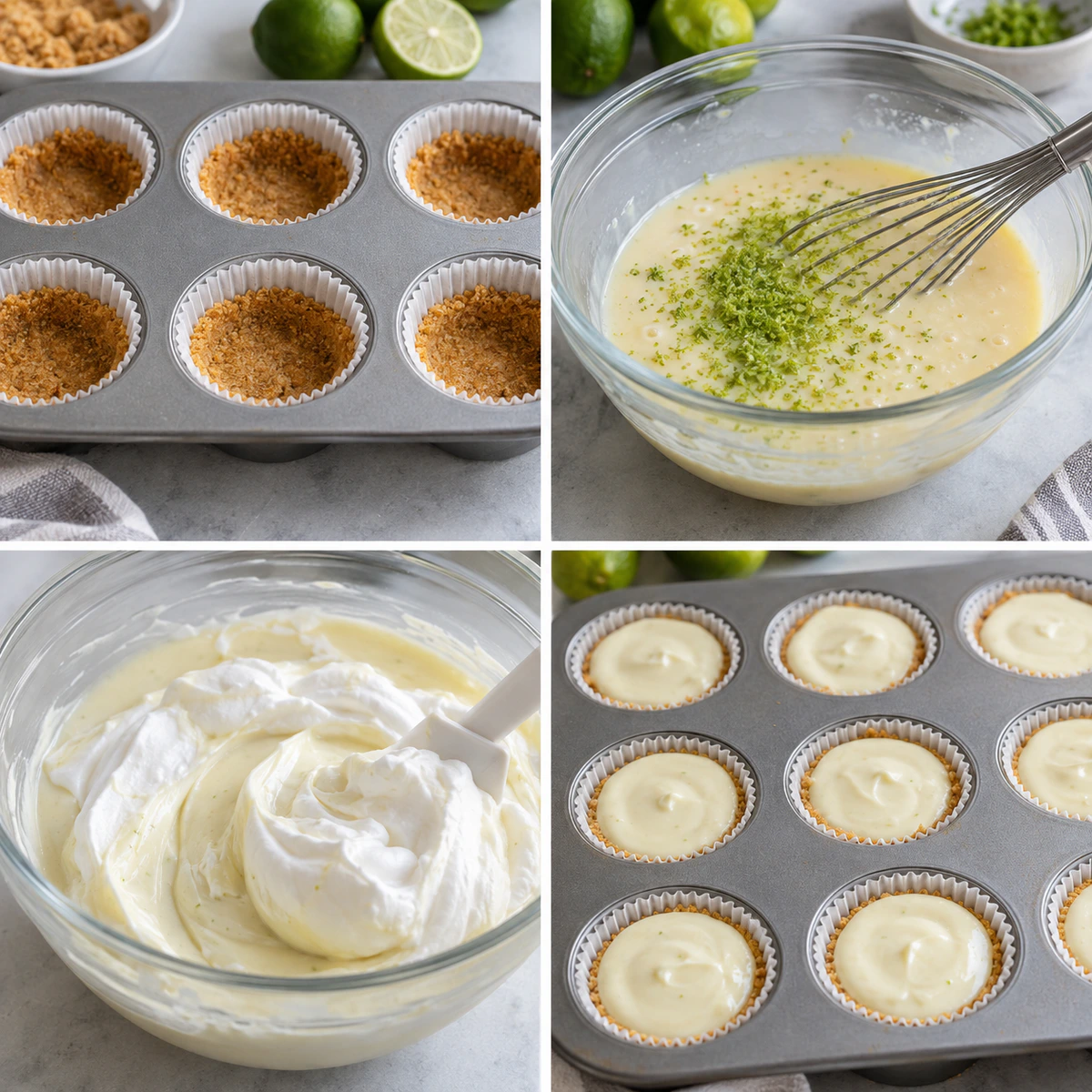 Four chronological preparation stages for No-Bake Mini Key Lime Pies
