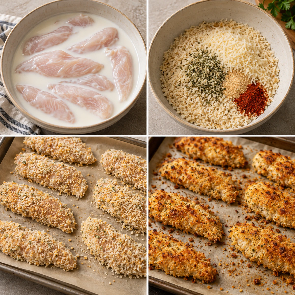 Four chronological preparation stages for Parmesan Ranch Chicken Tenders