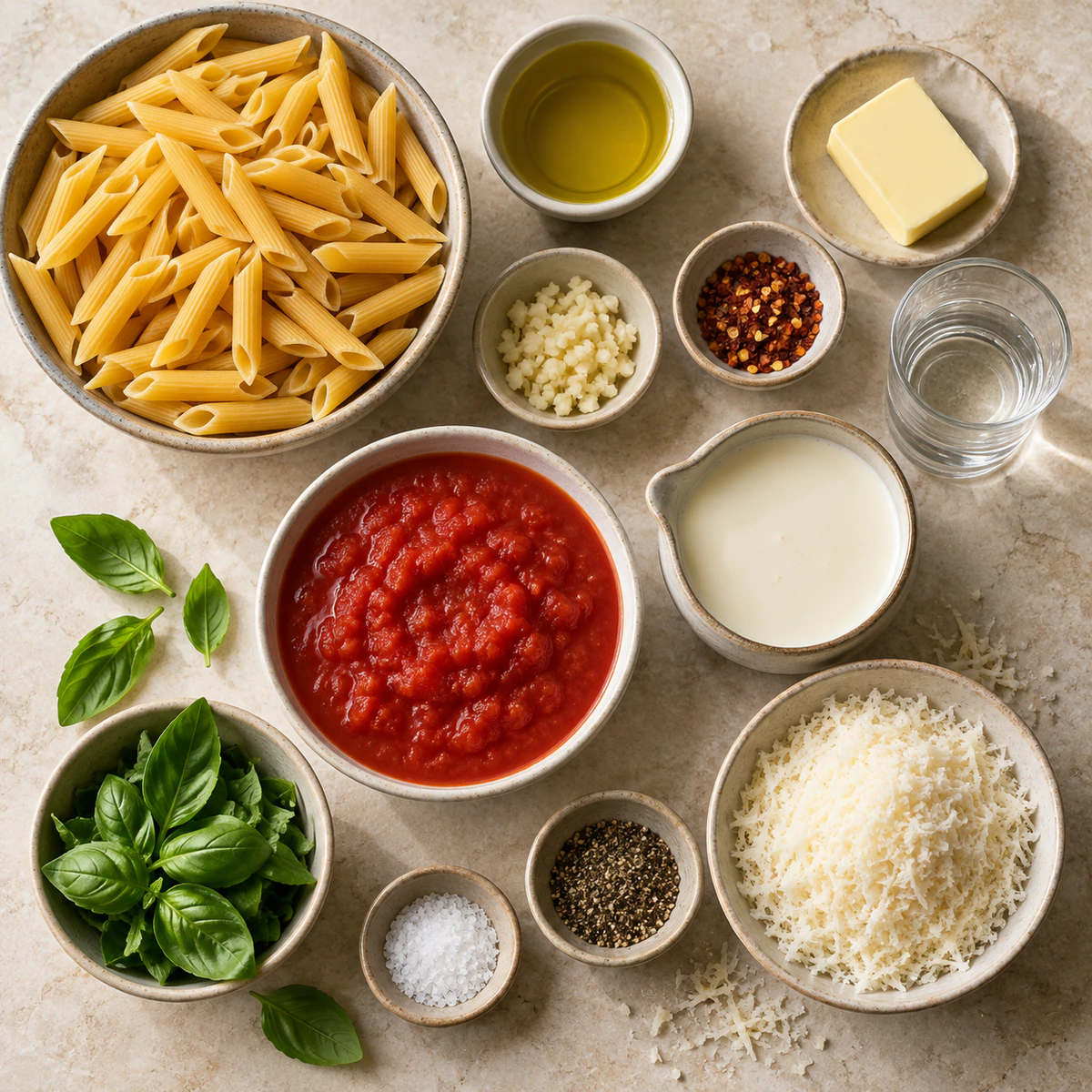 Exact measured ingredients for Creamy Vodka Pasta