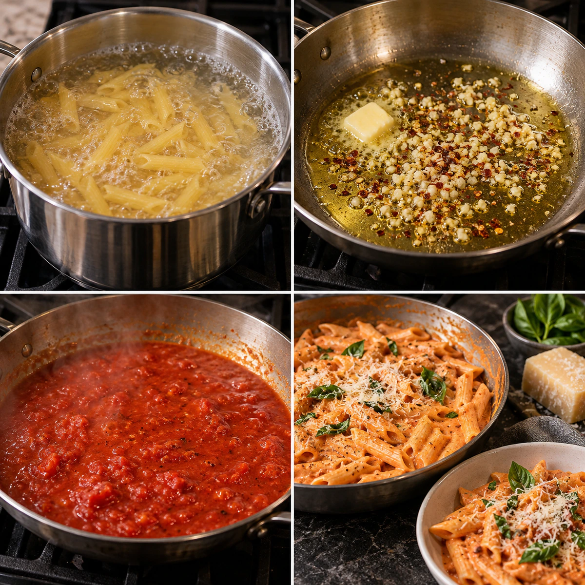 Four chronological preparation stages for Creamy Vodka Pasta