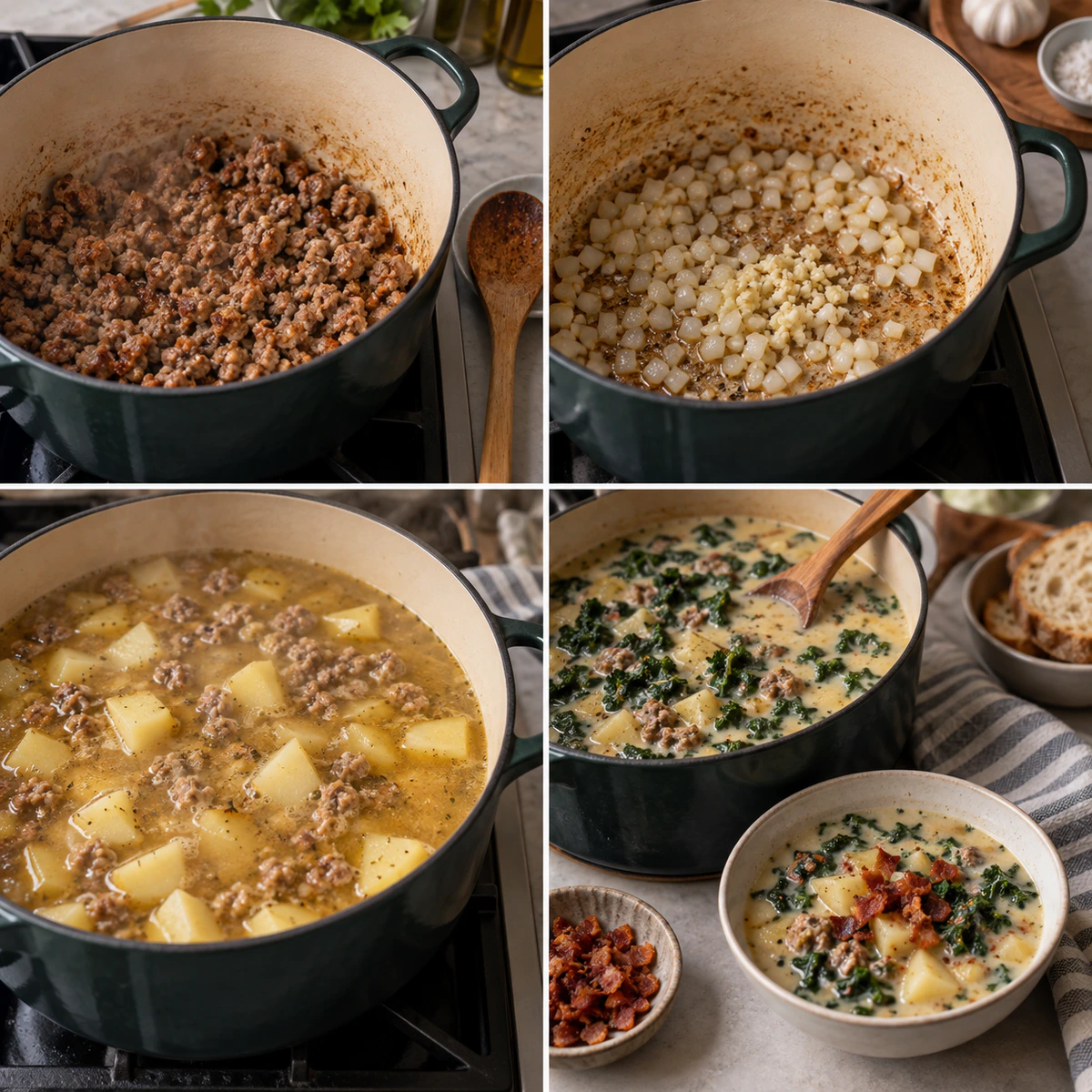 Four chronological preparation stages for Easy Zuppa Toscana