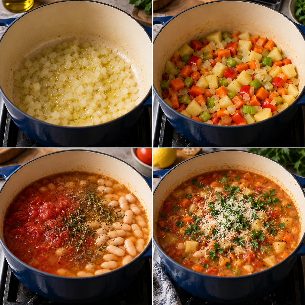 Four chronological preparation stages for Mediterranean White Bean Soup