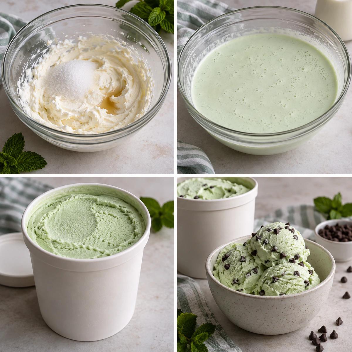 Four chronological preparation stages for Mint Chocolate Chip Ice Cream