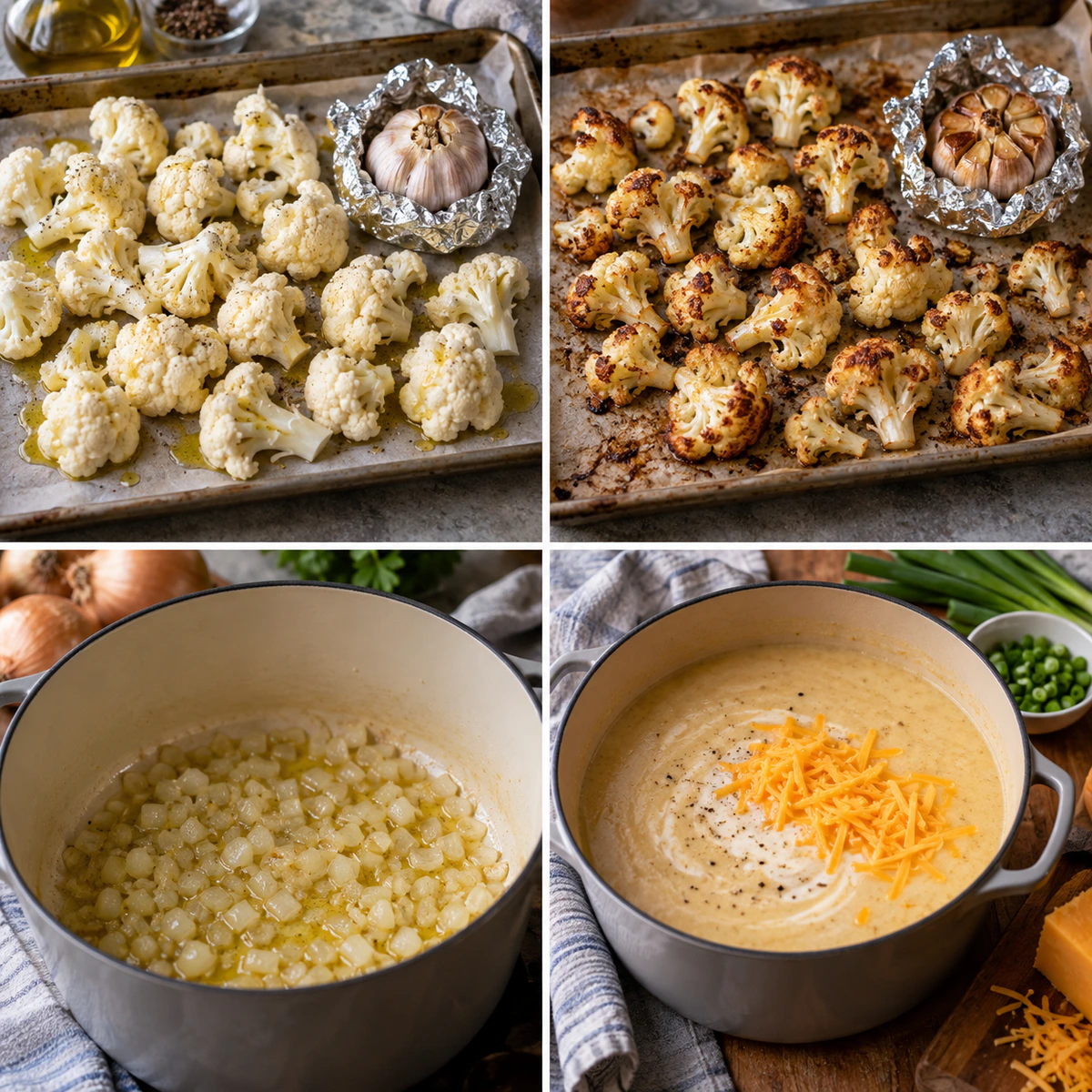 Four chronological preparation stages for Roasted Garlic Cauliflower Soup