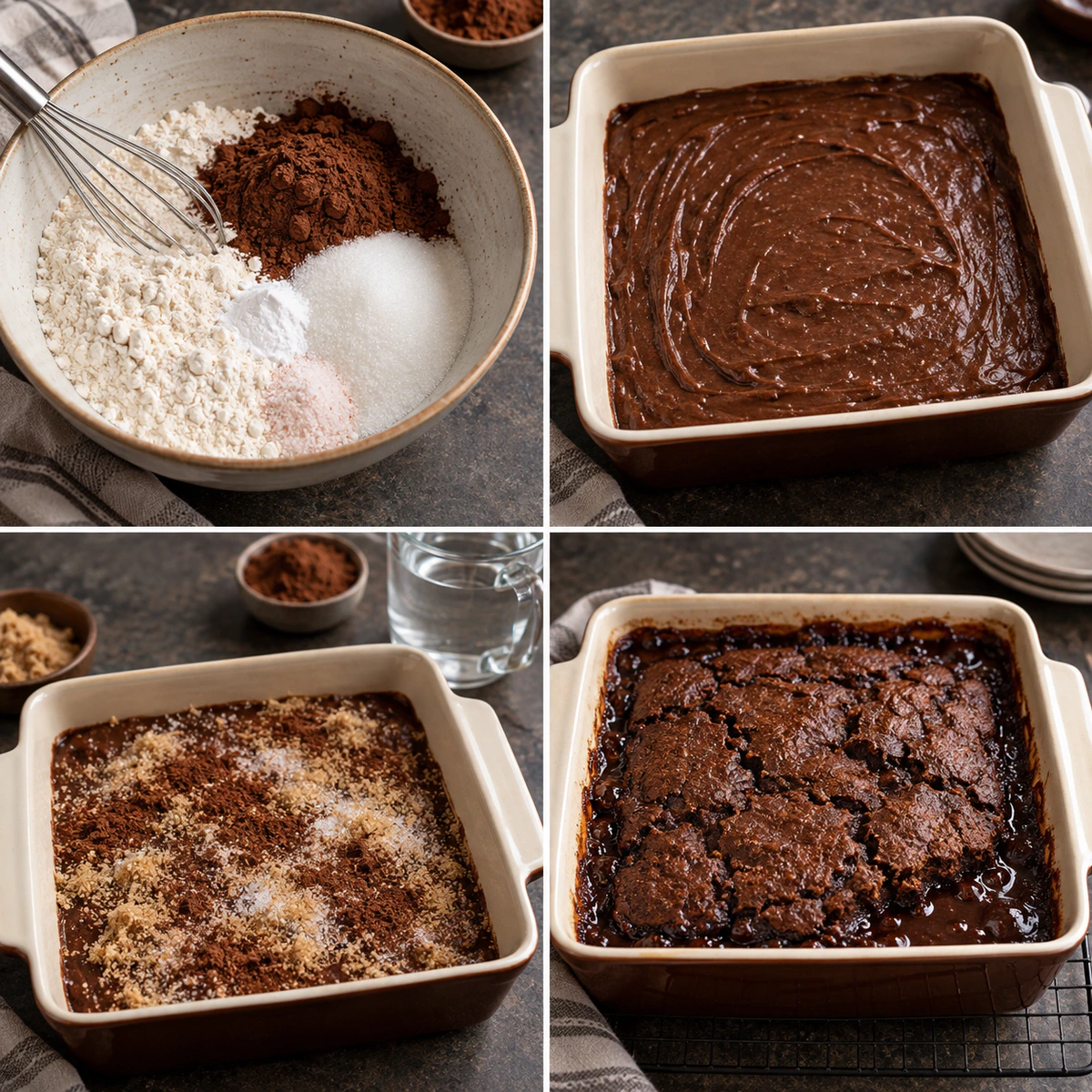 Four chronological preparation stages for Chocolate Cobbler