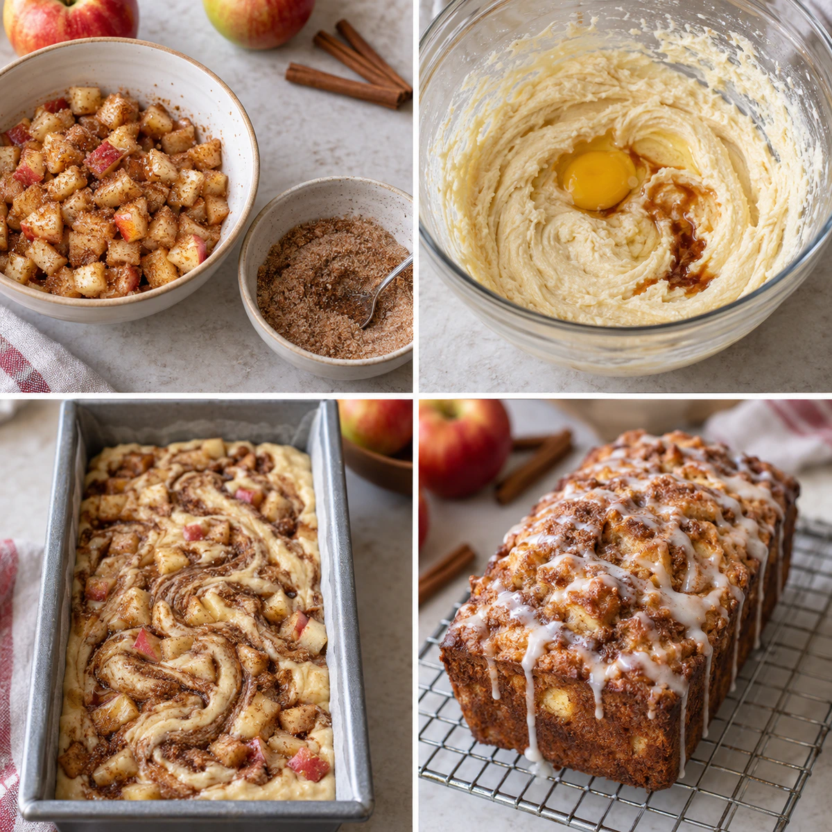 Four chronological preparation stages for Cinnamon Apple Fritter Bread