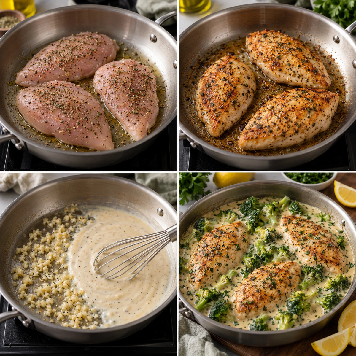 Four chronological preparation stages for Creamy Chicken and Broccoli
