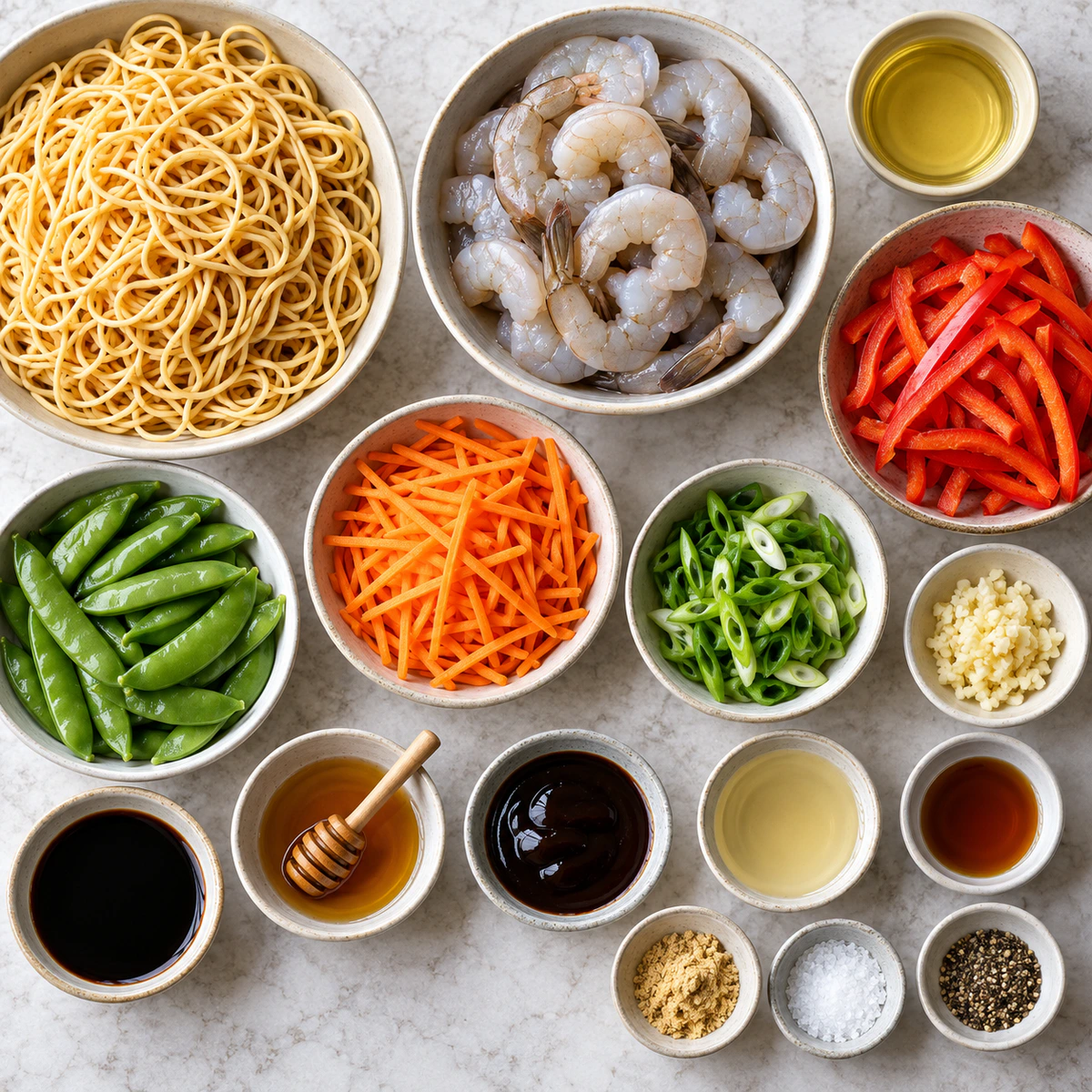 Exact measured ingredients for Honey Garlic Shrimp Chow Mein