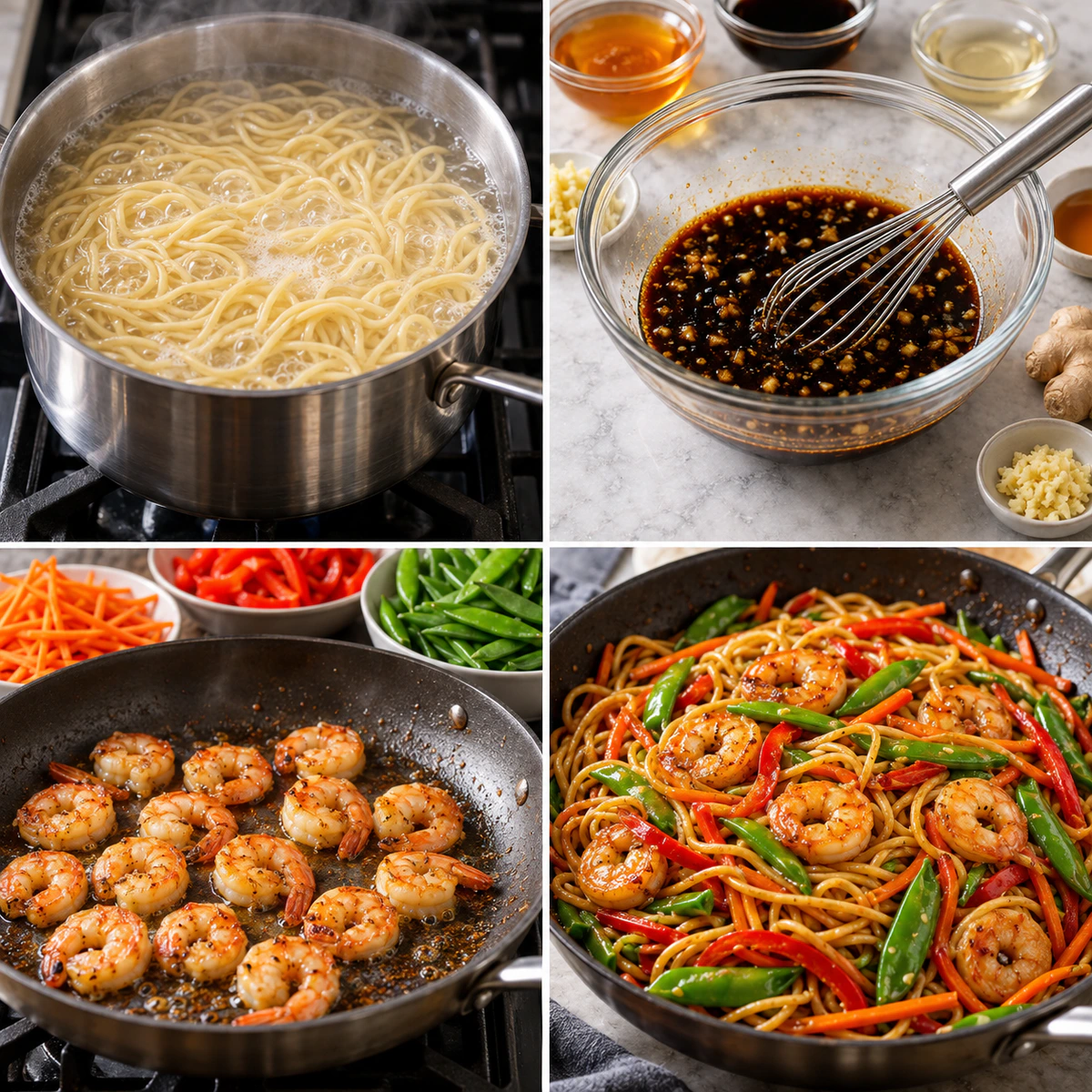 Four chronological preparation stages for Honey Garlic Shrimp Chow Mein