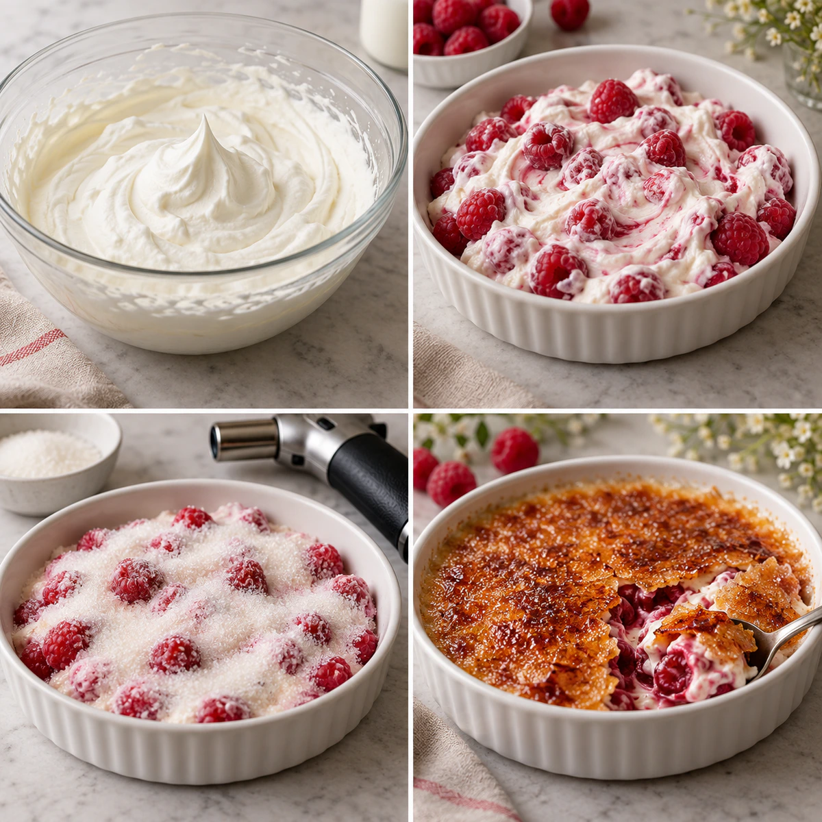 Four chronological preparation stages for Berry Brûlée
