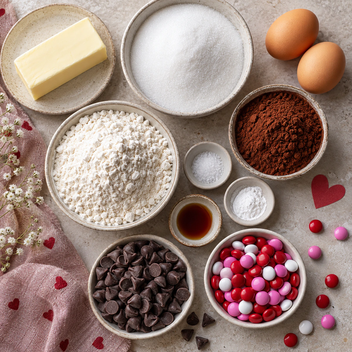 Exact measured ingredients for Chocolate M&M Cookies