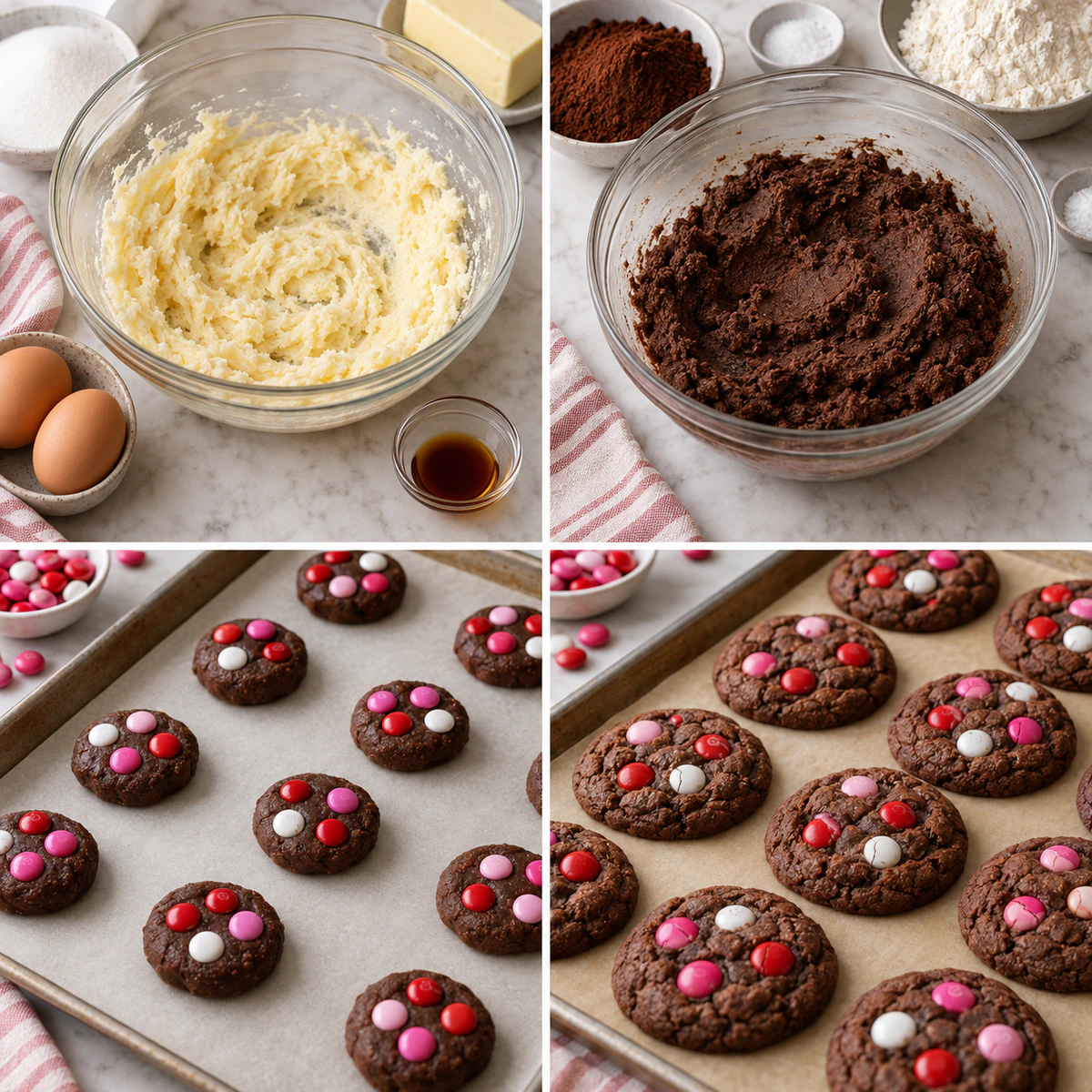 Four chronological preparation stages for Chocolate M&M Cookies