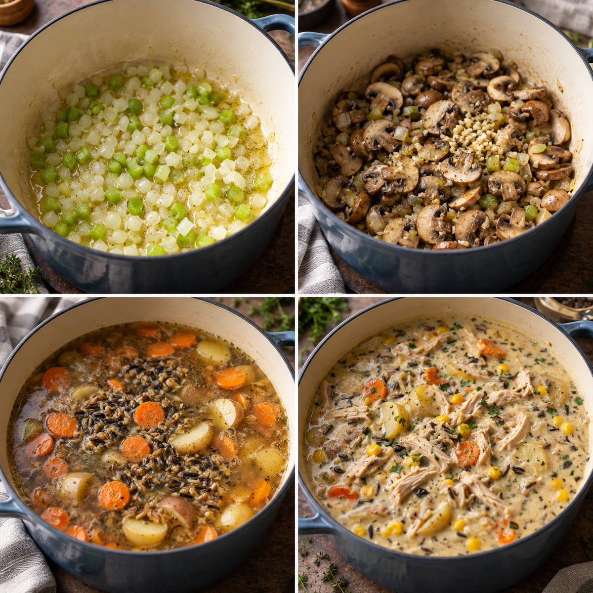 Four chronological preparation stages for Leftover Turkey Soup