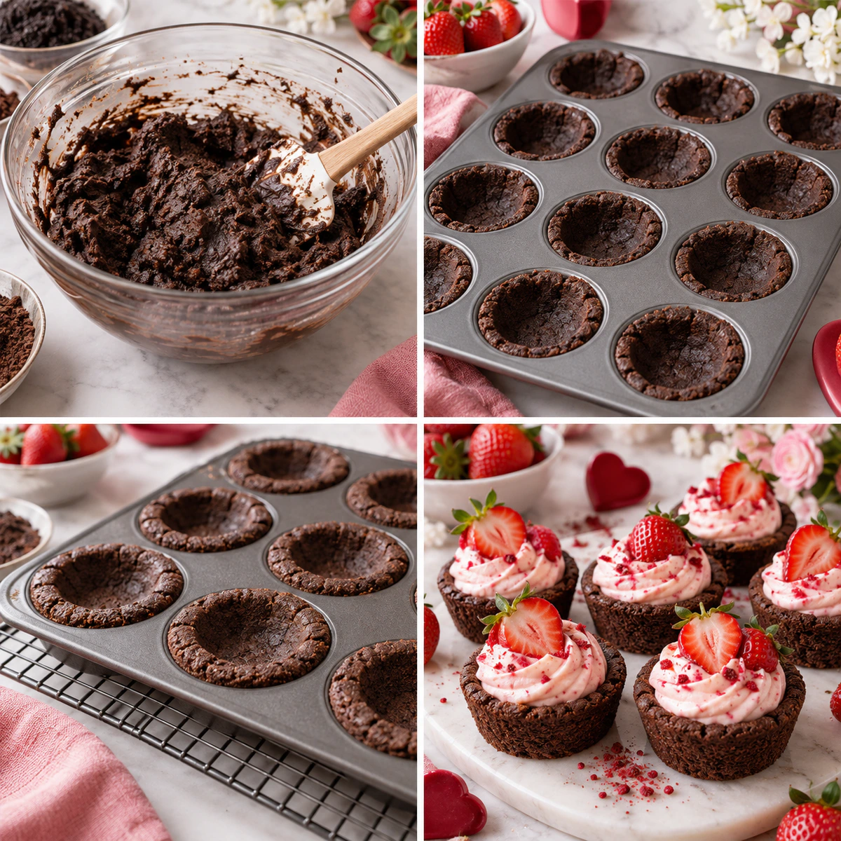 Four chronological preparation stages for Strawberry Cheesecake Cookie Cups