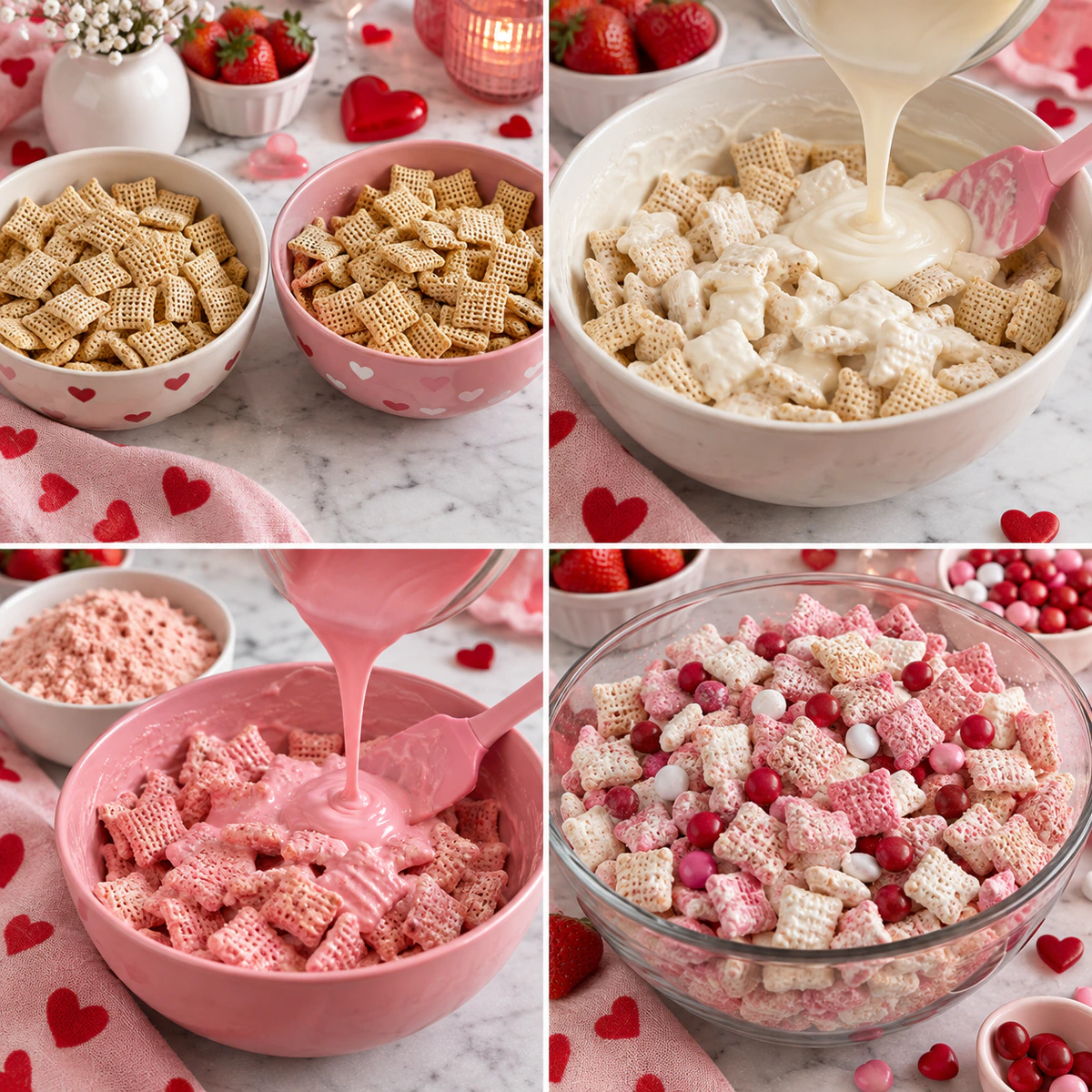 Four chronological preparation stages for Valentine's Puppy Chow