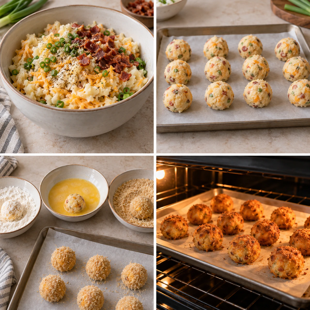 Four chronological preparation stages for Baked Potato Cheese Balls