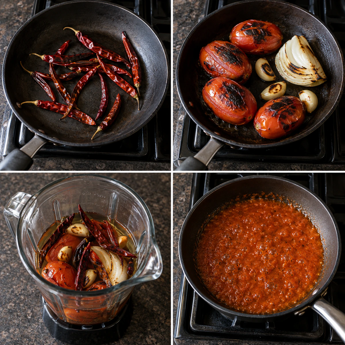 Four chronological preparation stages for Smoky Mexican Hot Sauce
