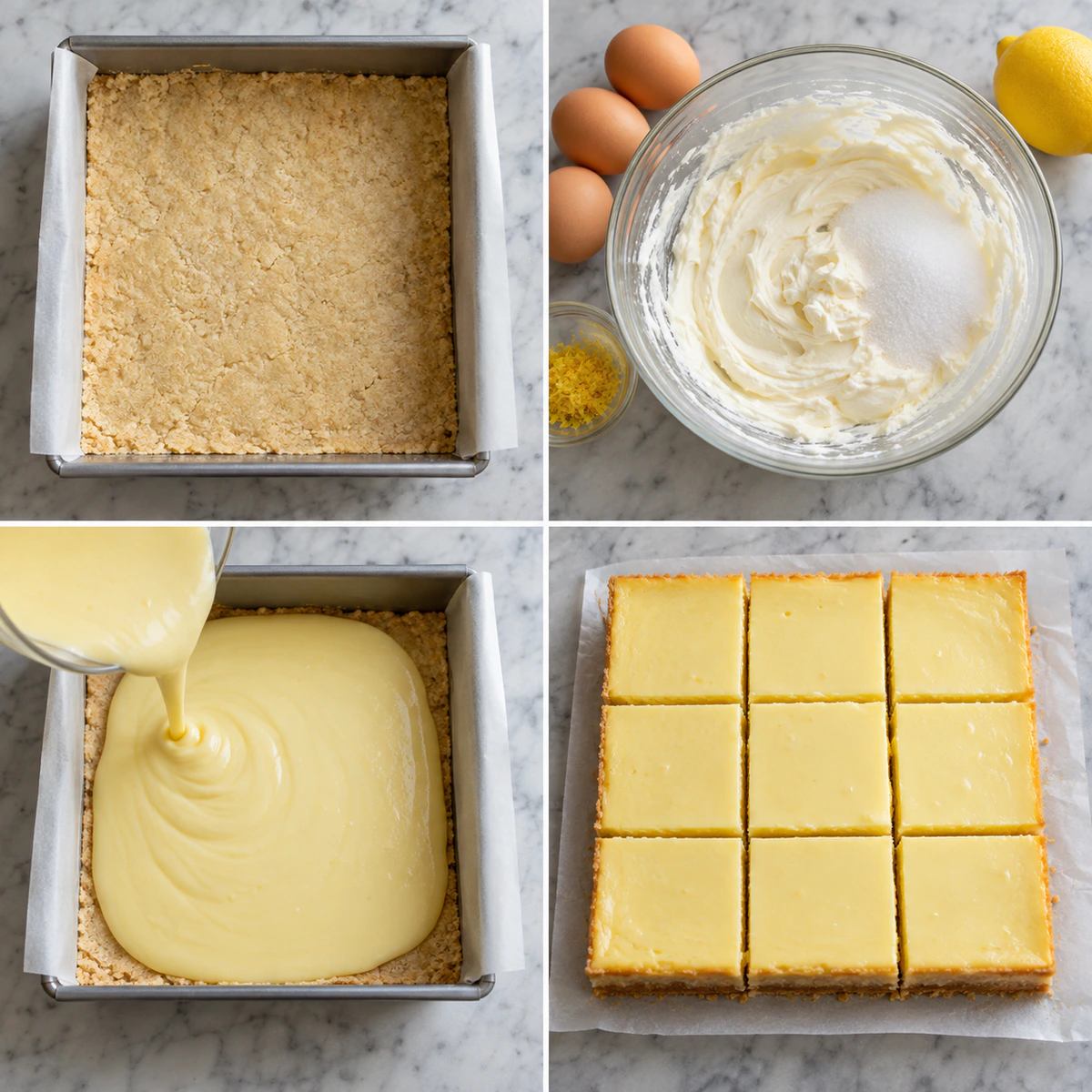 Four chronological preparation stages for Bright Citrus Cheesecake Bars