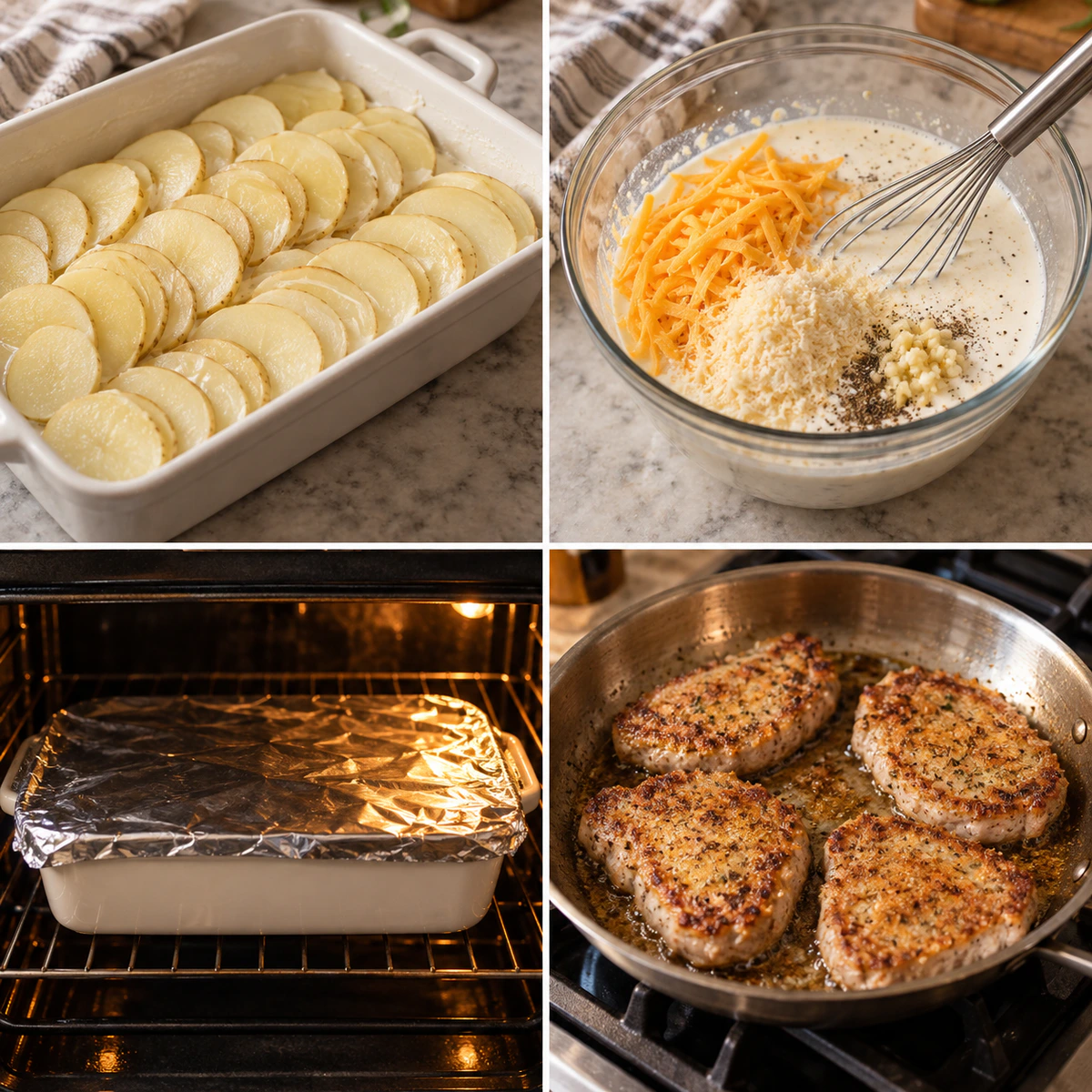 Four chronological preparation stages for Garlic Parmesan Pork Chops