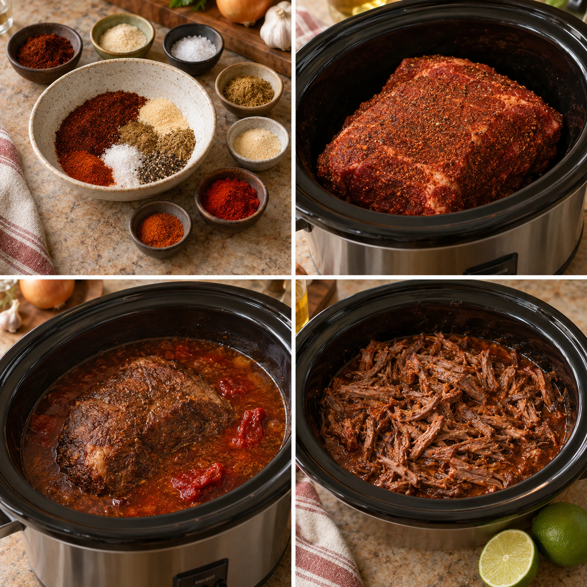 Four chronological preparation stages for Mexican Shredded Beef