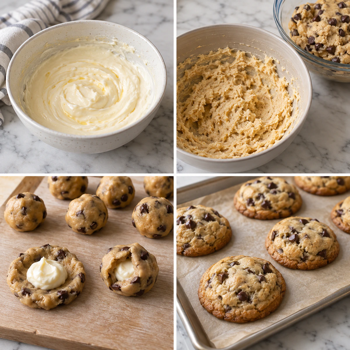 Four chronological preparation stages for Decadent Stuffed Cookies