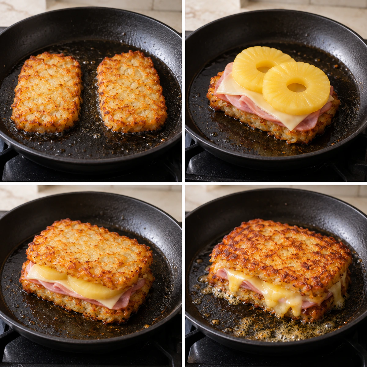 Four chronological preparation stages for Hawaiian Pizza Style Sandwich