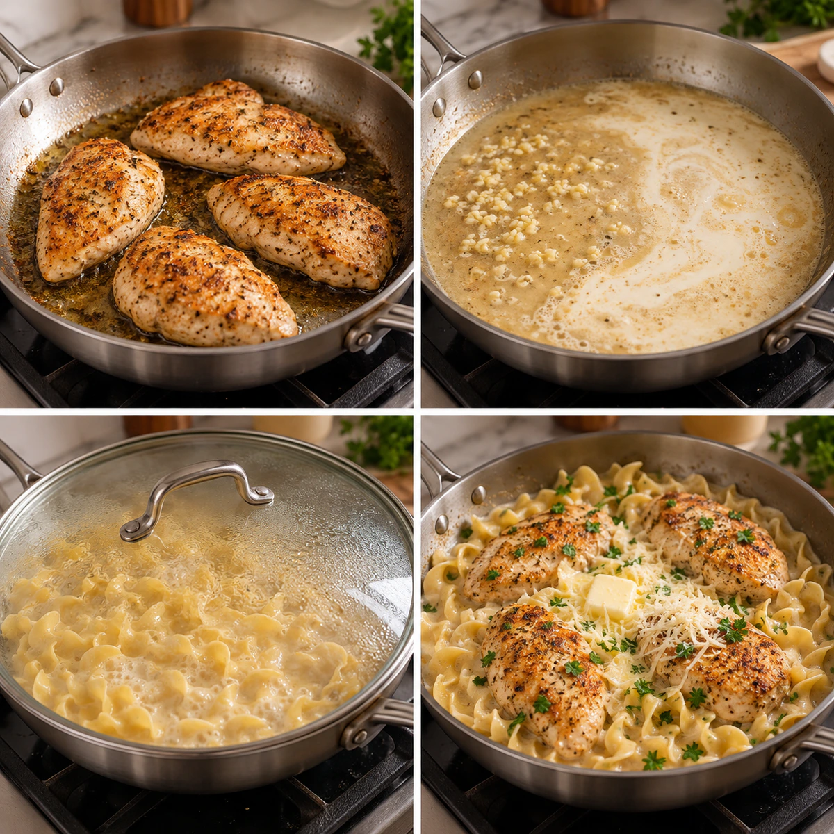 Four chronological preparation stages for One Pan Chicken Noodles