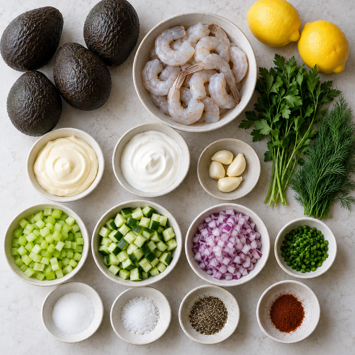 Exact measured ingredients for Shrimp Salad Stuffed Avocados
