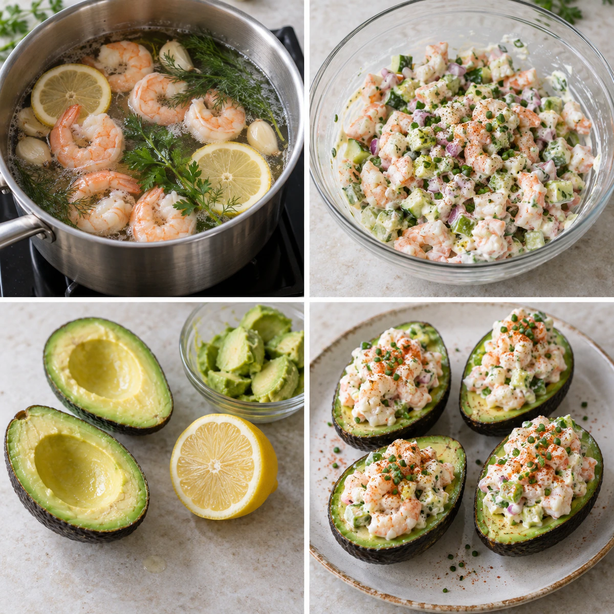 Four chronological preparation stages for Shrimp Salad Stuffed Avocados
