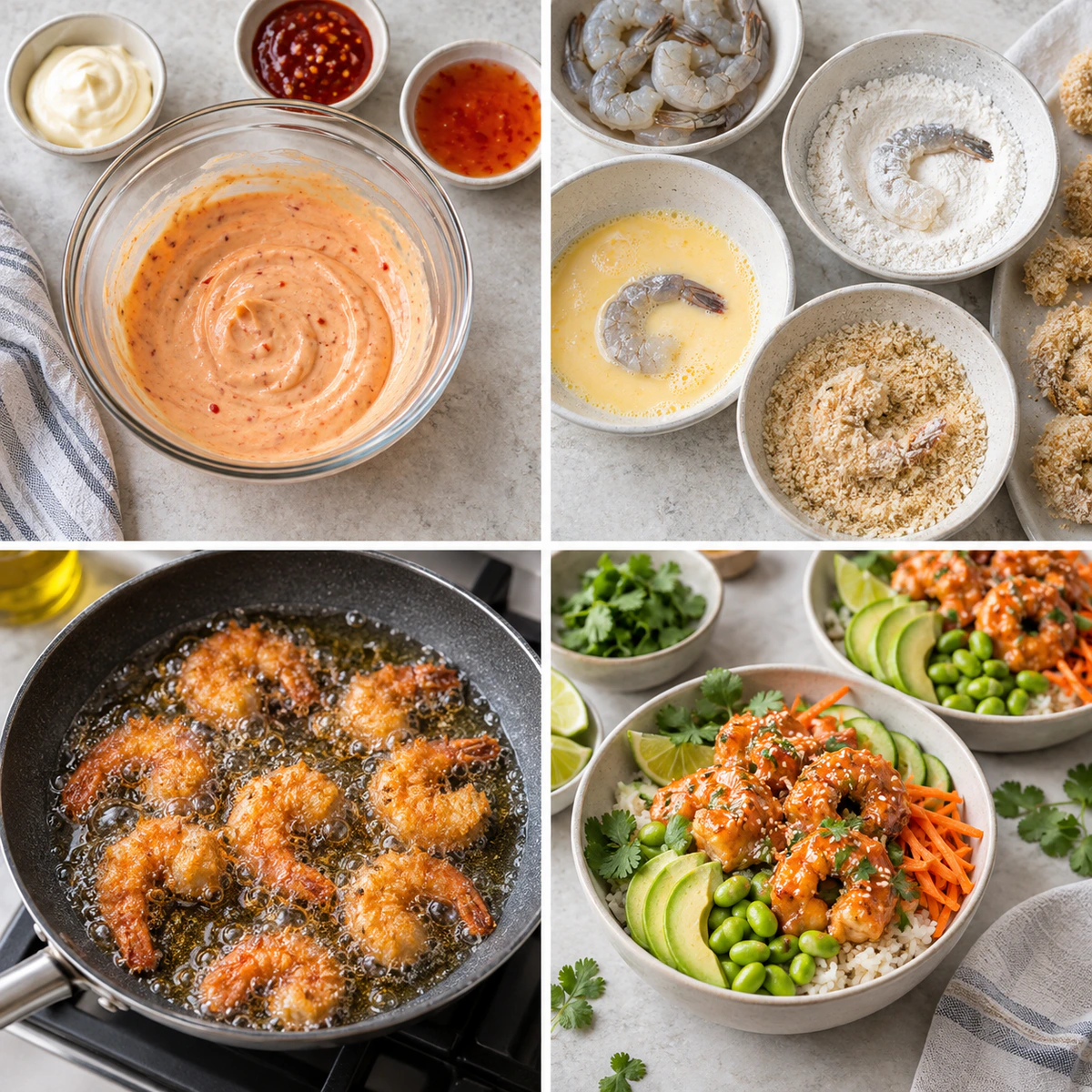 Four chronological preparation stages for Asian-Inspired Bowl