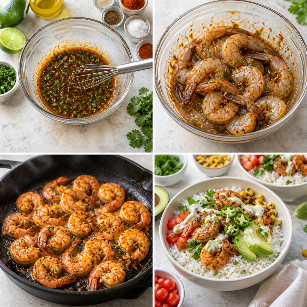 Four chronological preparation stages for Fiesta Shrimp Rice Bowl