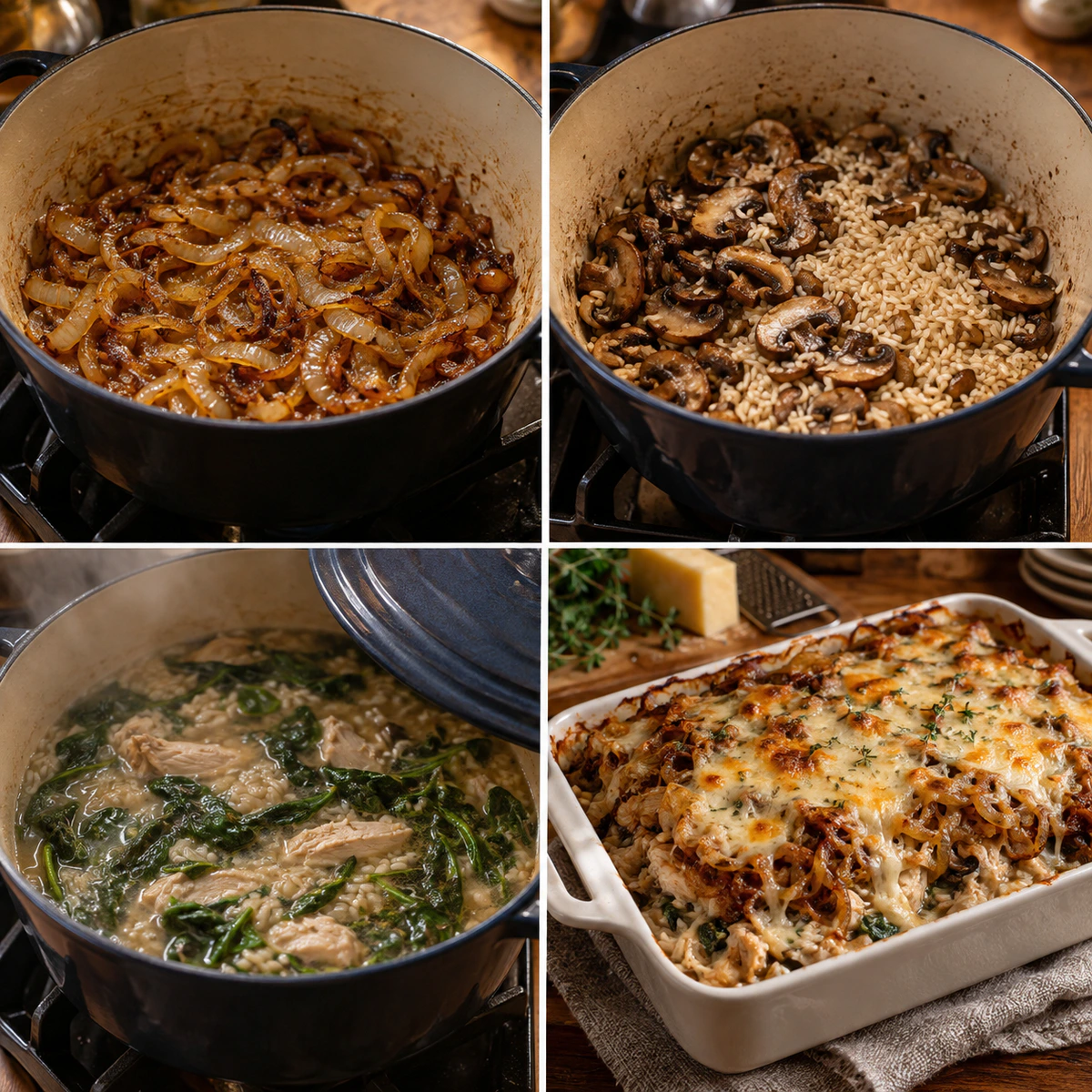 Four chronological preparation stages for French Onion Chicken Rice