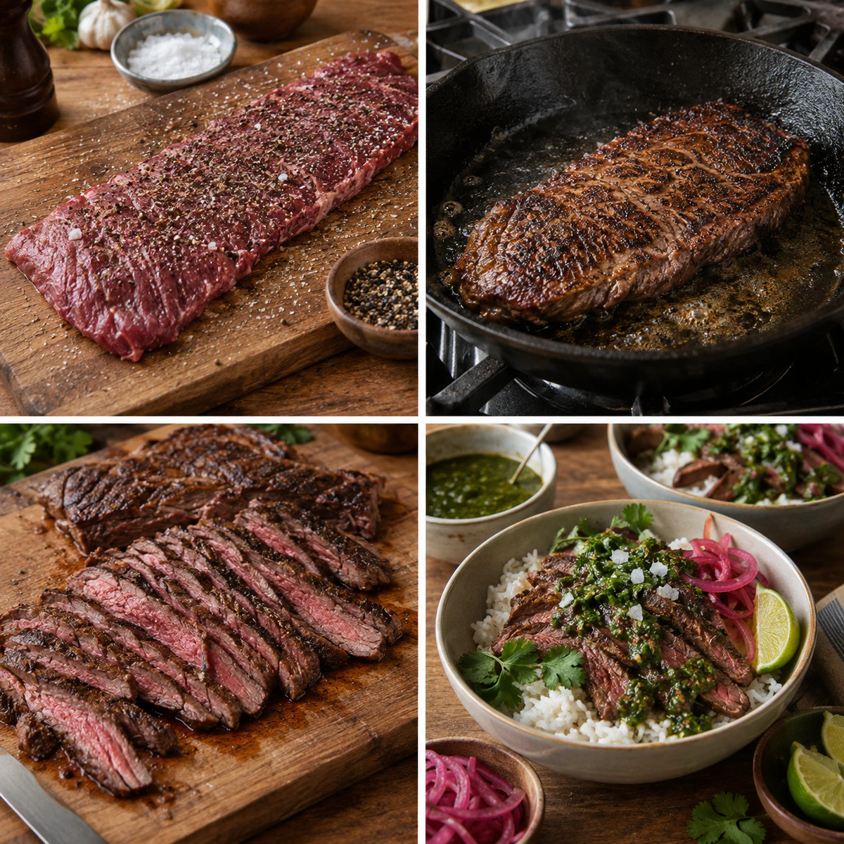 Four chronological preparation stages for Skirt Steak Rice Bowl