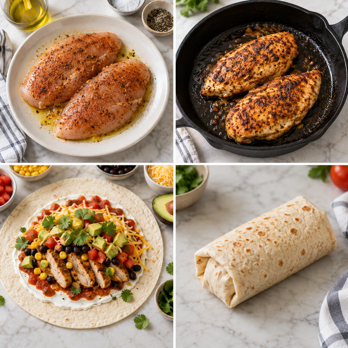 Four chronological preparation stages for Southwestern Chicken Wrap