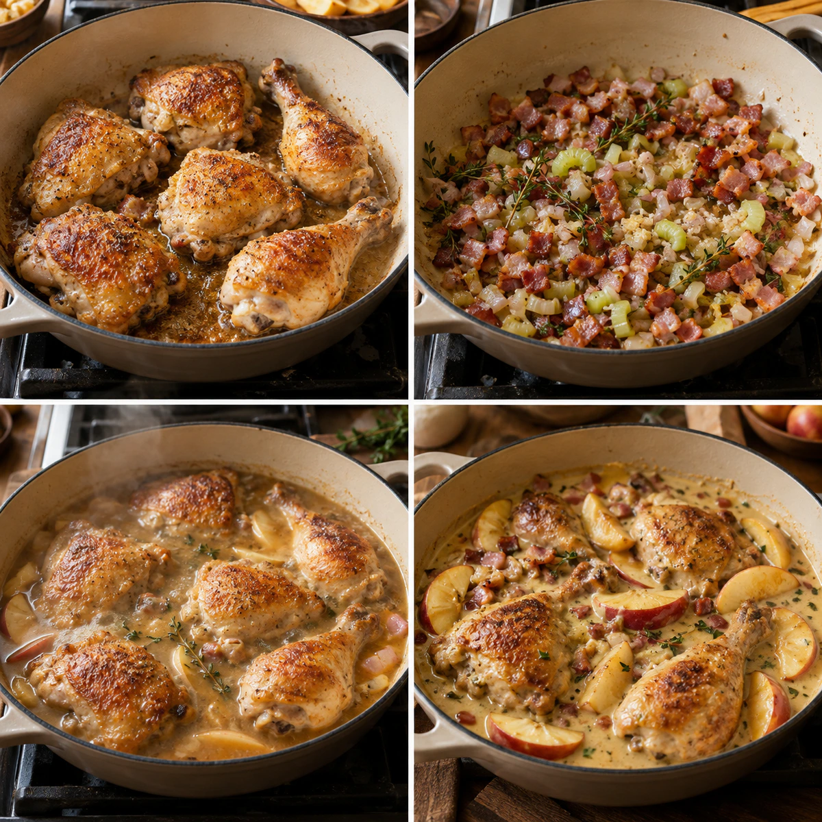 Four chronological preparation stages for French Apple Cider Chicken