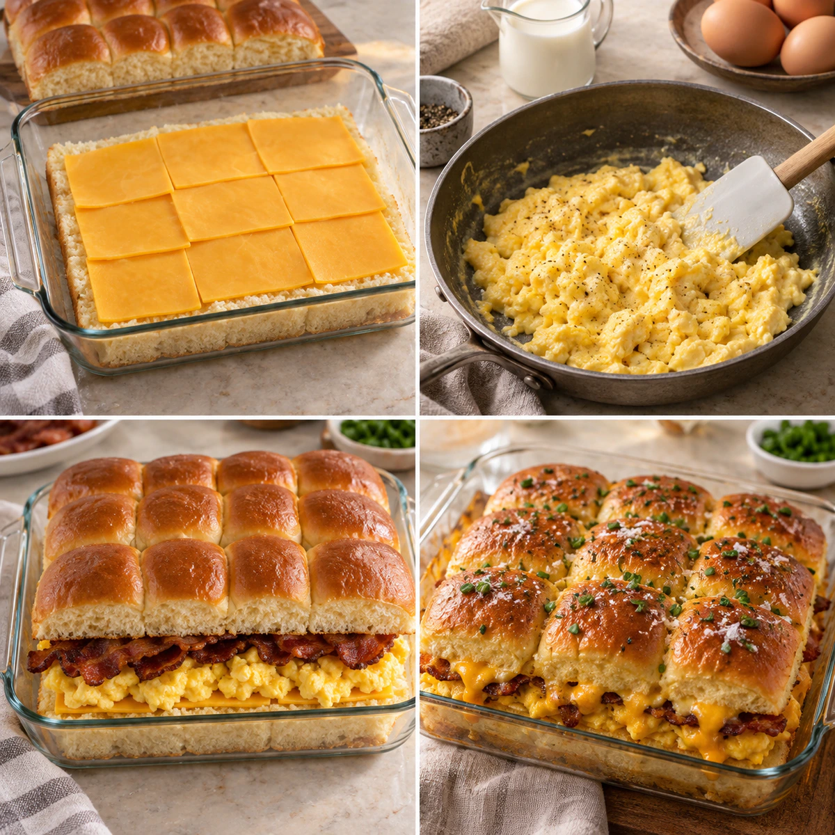 Four chronological preparation stages for Hawaiian Roll Breakfast Sliders